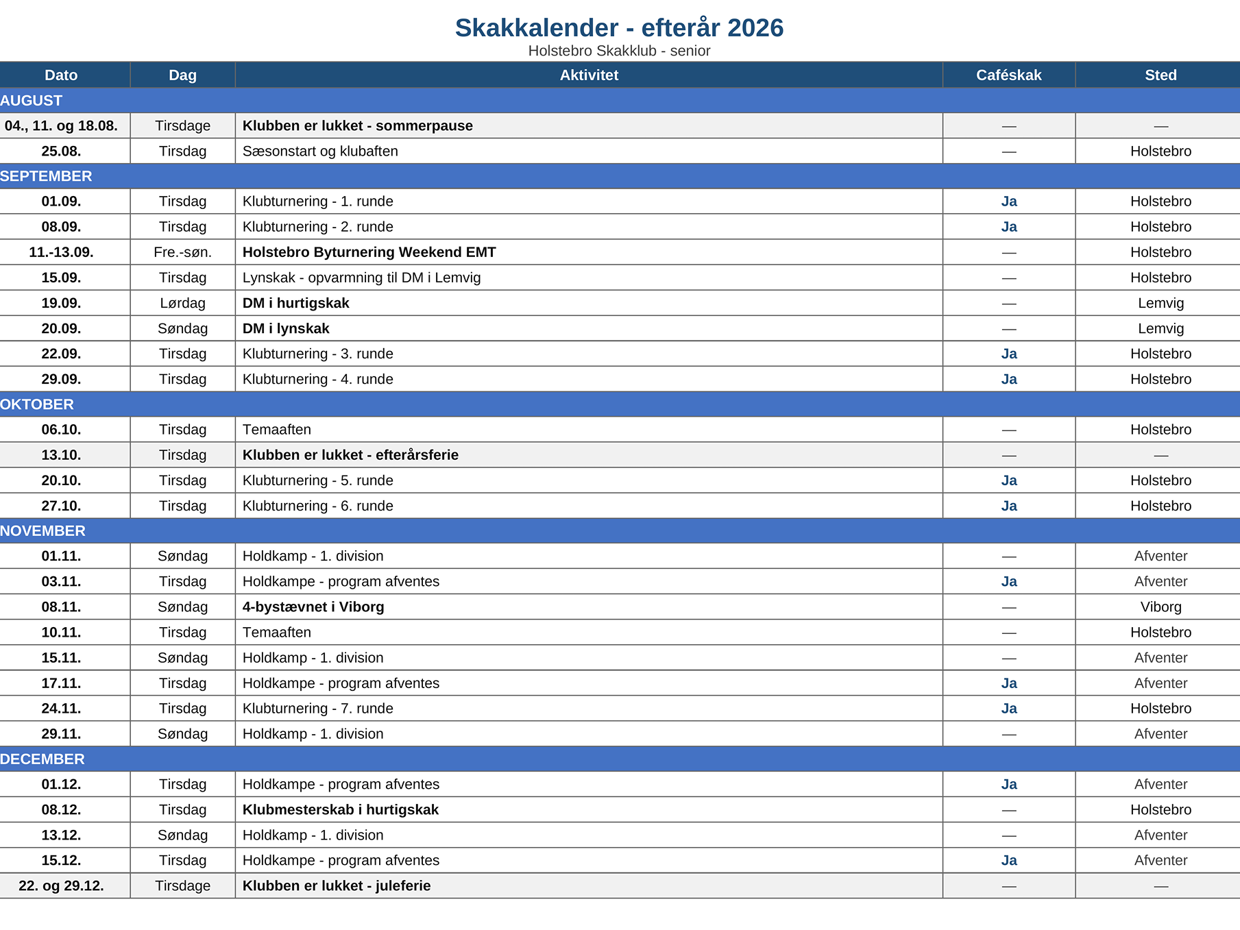 Kalender for efteråret 2026